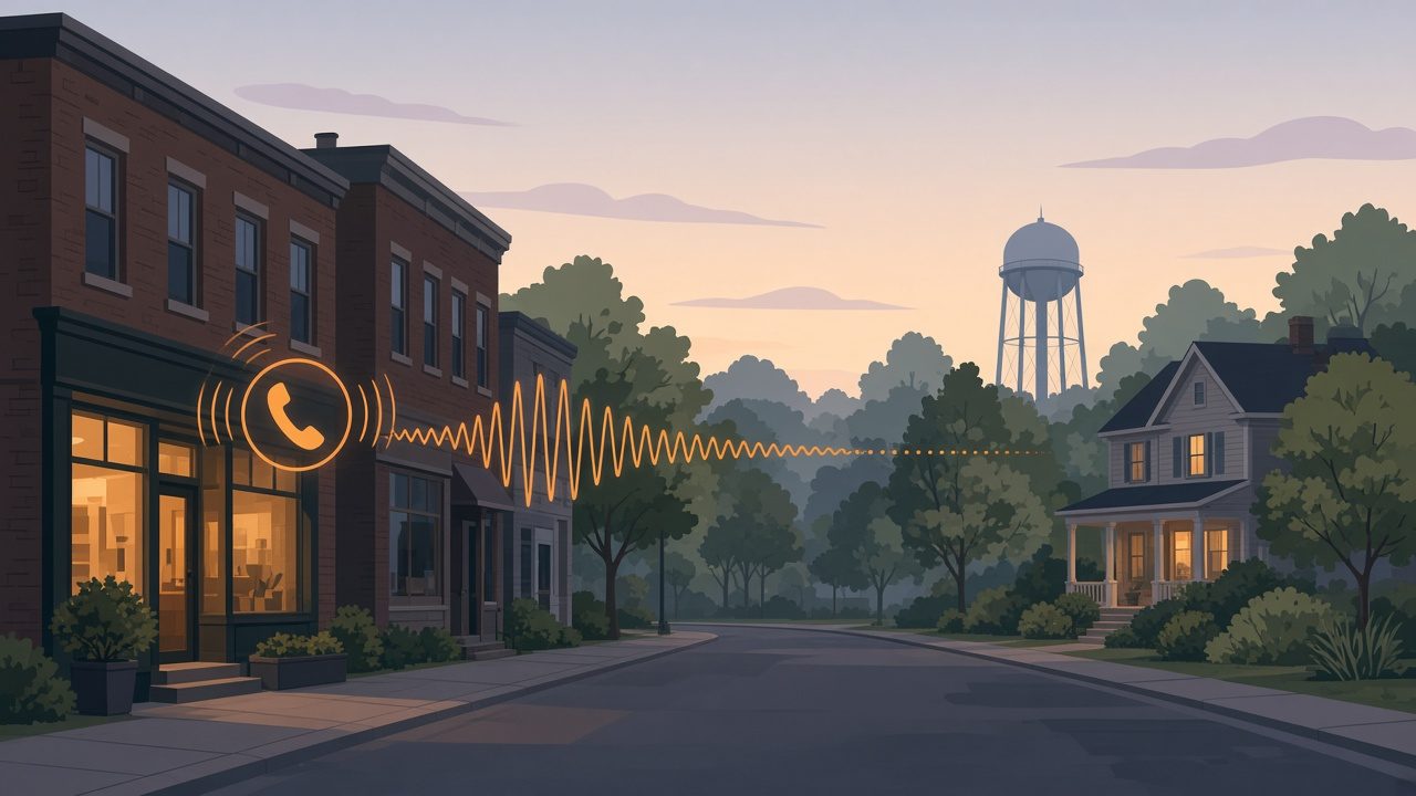 A New Jersey main street at dusk with a phone call answered across town